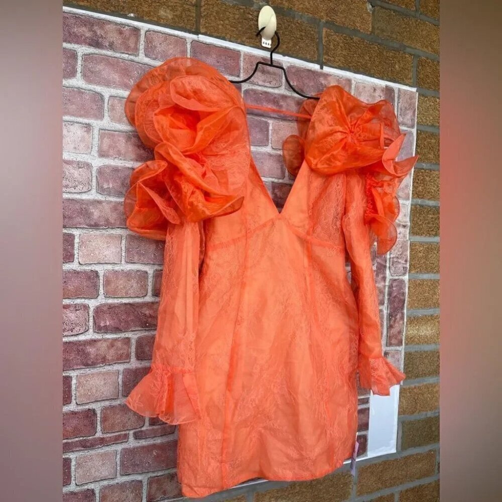 ASOS Orange Ruffle Puff-Sleeve Mini Dress - Picture 6 of 14